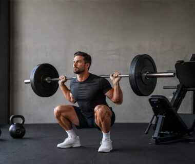 Athlete performing controlled barbell squat beside neatly arranged alternative lower-body exercises in modern gym