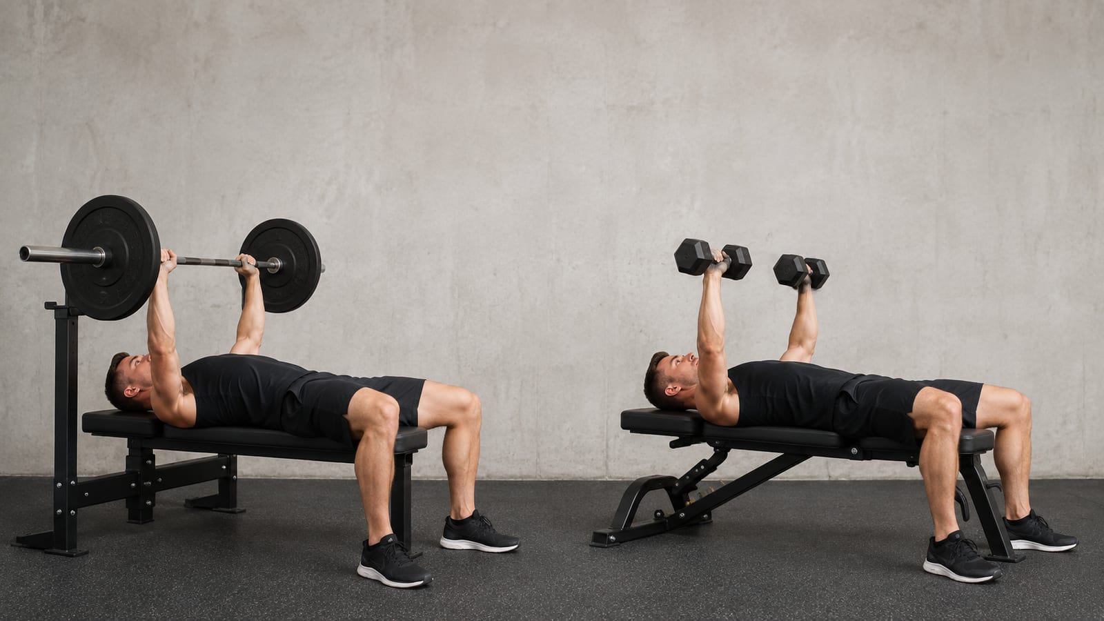 Athlete practicing similar pressing movements with barbells and dumbbells during structured strength training
