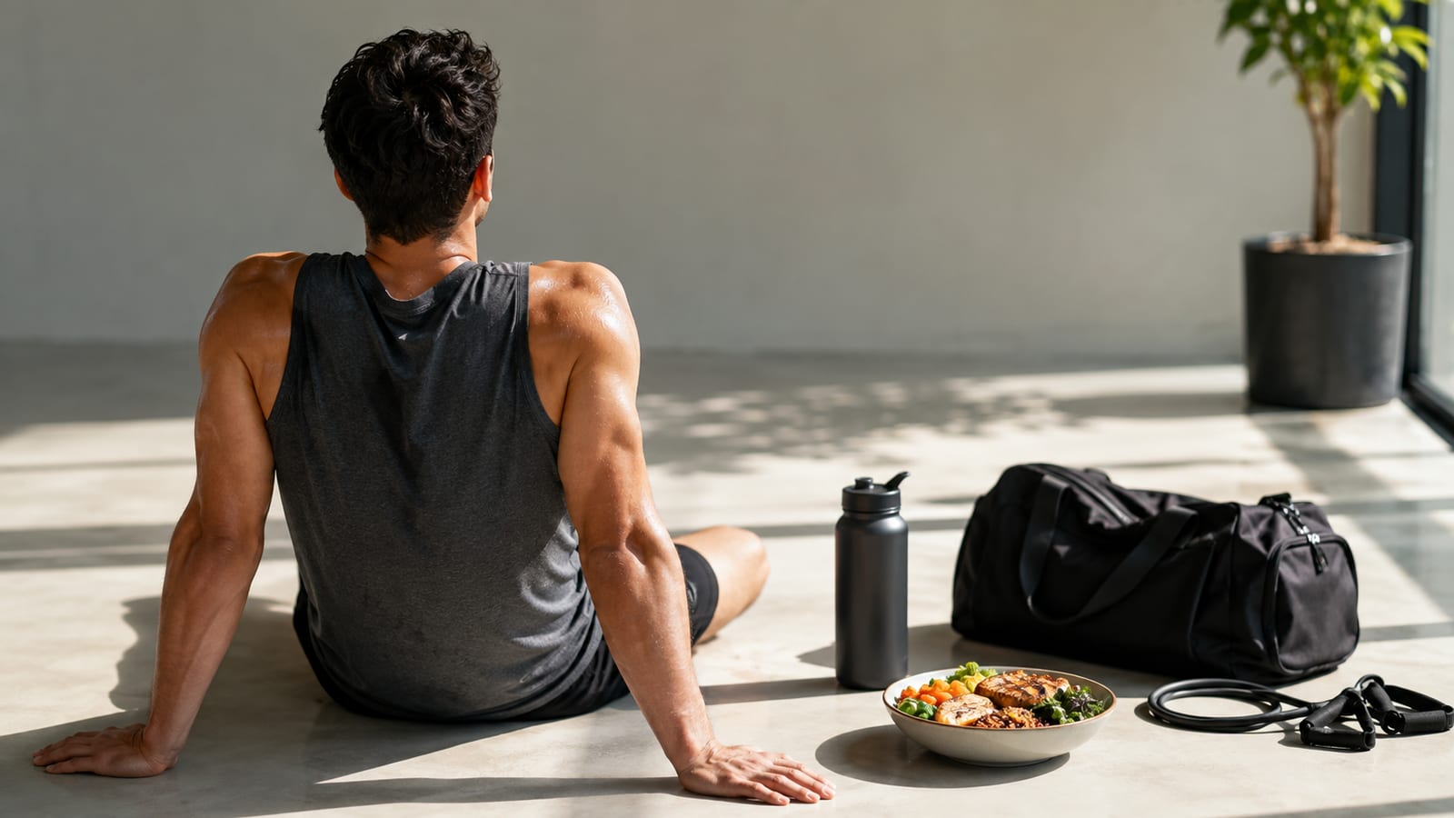 Recovering athlete resting near training shoes, water, nutritious food, and resistance equipment after exercise