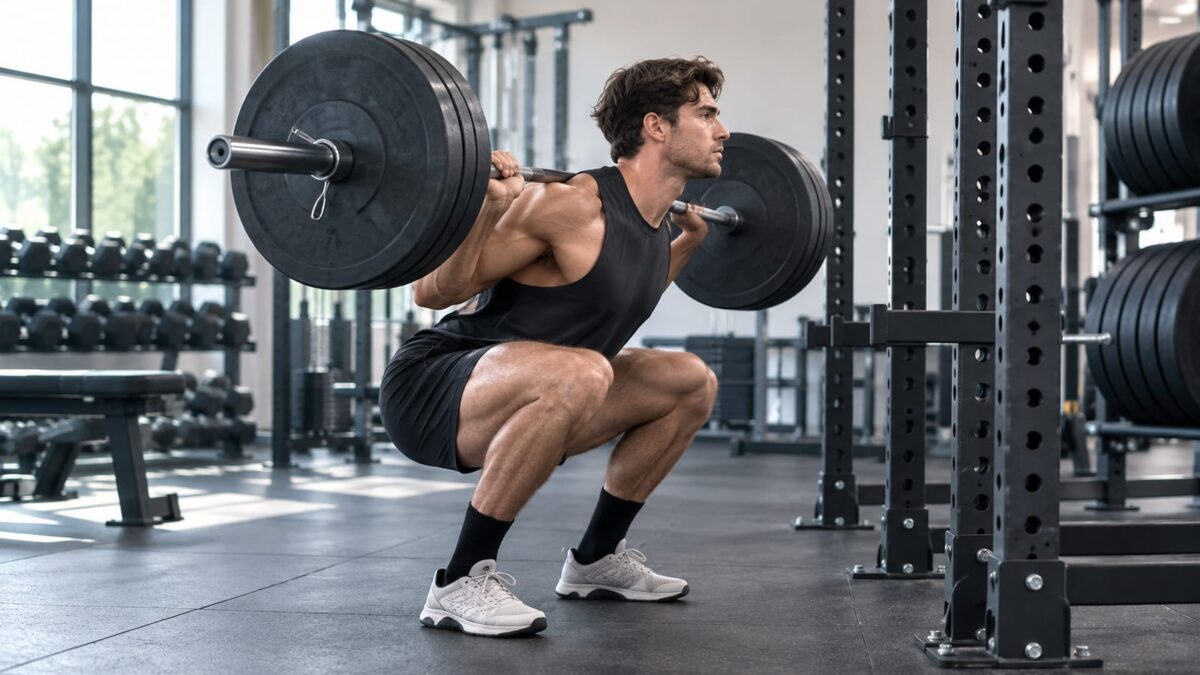 Lifter performing controlled barbell squat in a bright gym, emphasizing progressive strength training technique