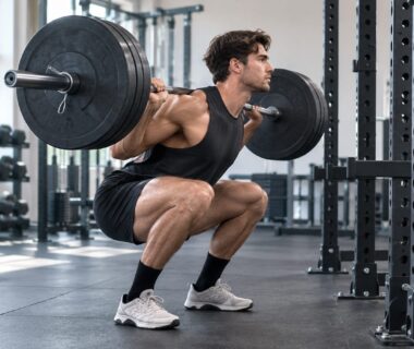 Lifter performing controlled barbell squat in a bright gym, emphasizing progressive strength training technique