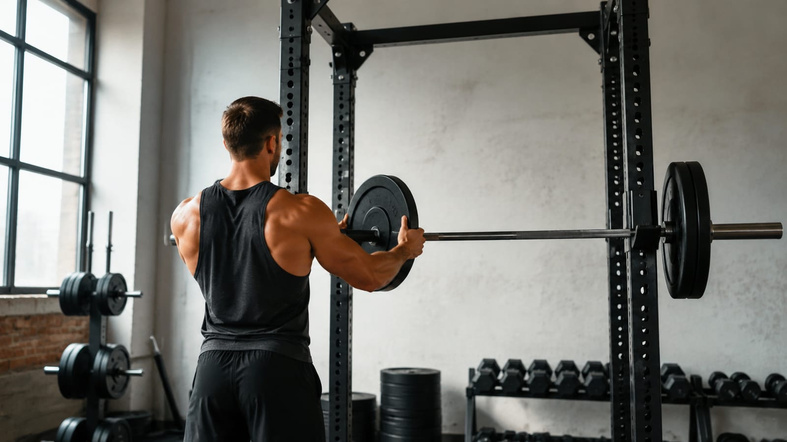 Athlete selecting manageable barbell plates before beginning a structured strength workout