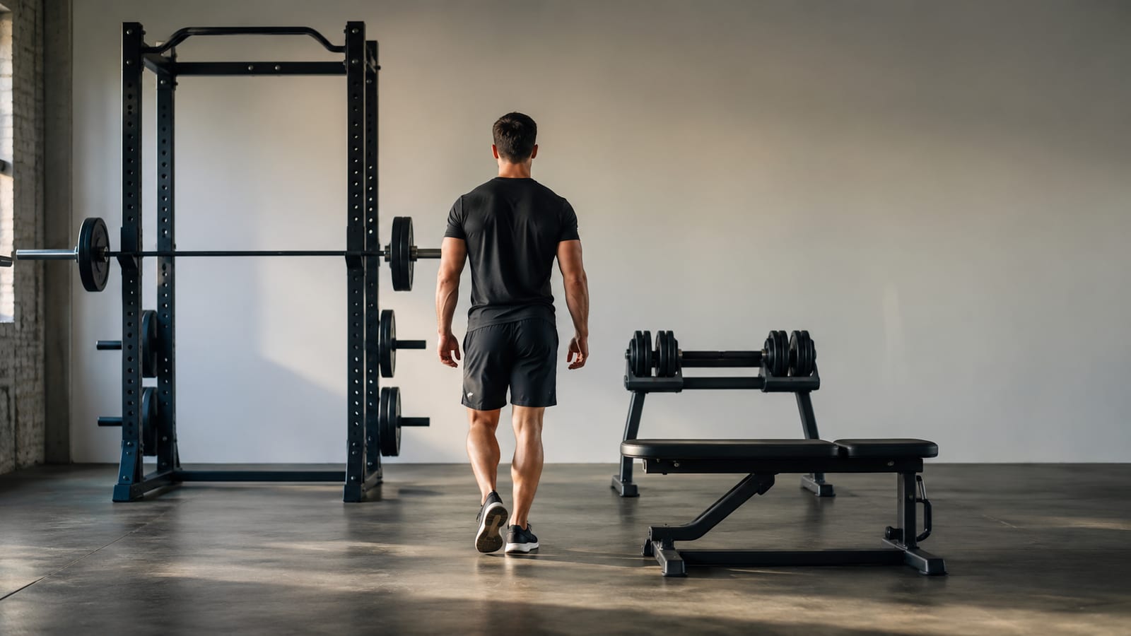 Trainee completing full-body strength exercises with barbells and dumbbells during one workout