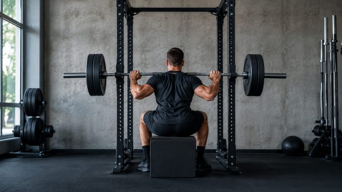 Athlete performing a controlled barbell box squat inside a power rack