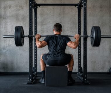 Athlete performing a controlled barbell box squat inside a power rack