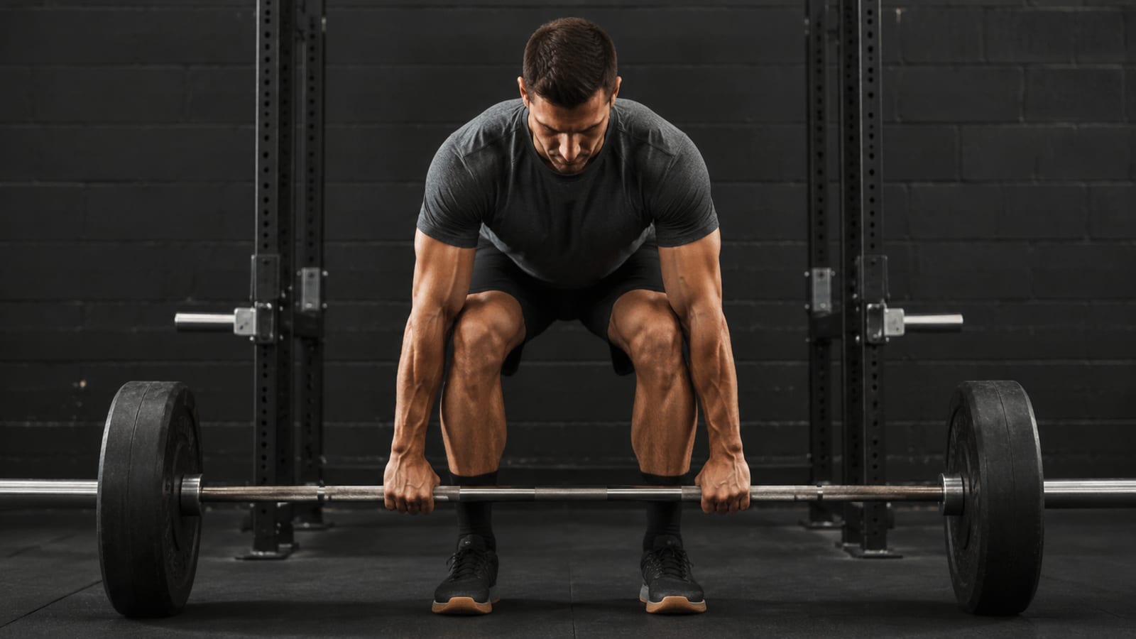 Barbell box squat setup showing stance, box position, rack, and safety pins