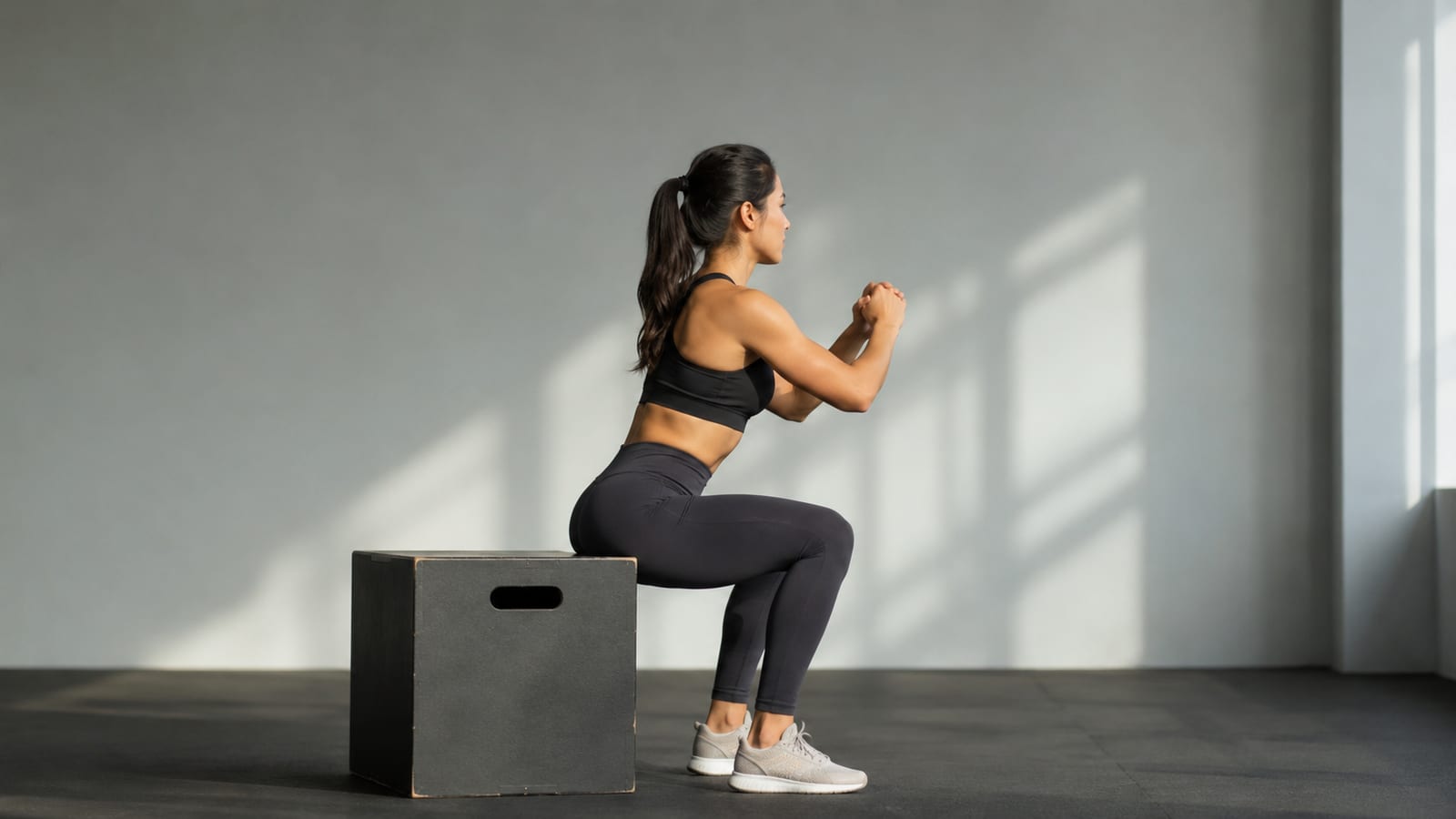 Side-profile athlete demonstrating hip control and upright torso during box squat descent