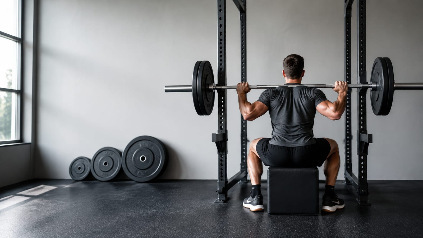 Strength athlete completing progressive box squat training with loaded barbell and weight plates