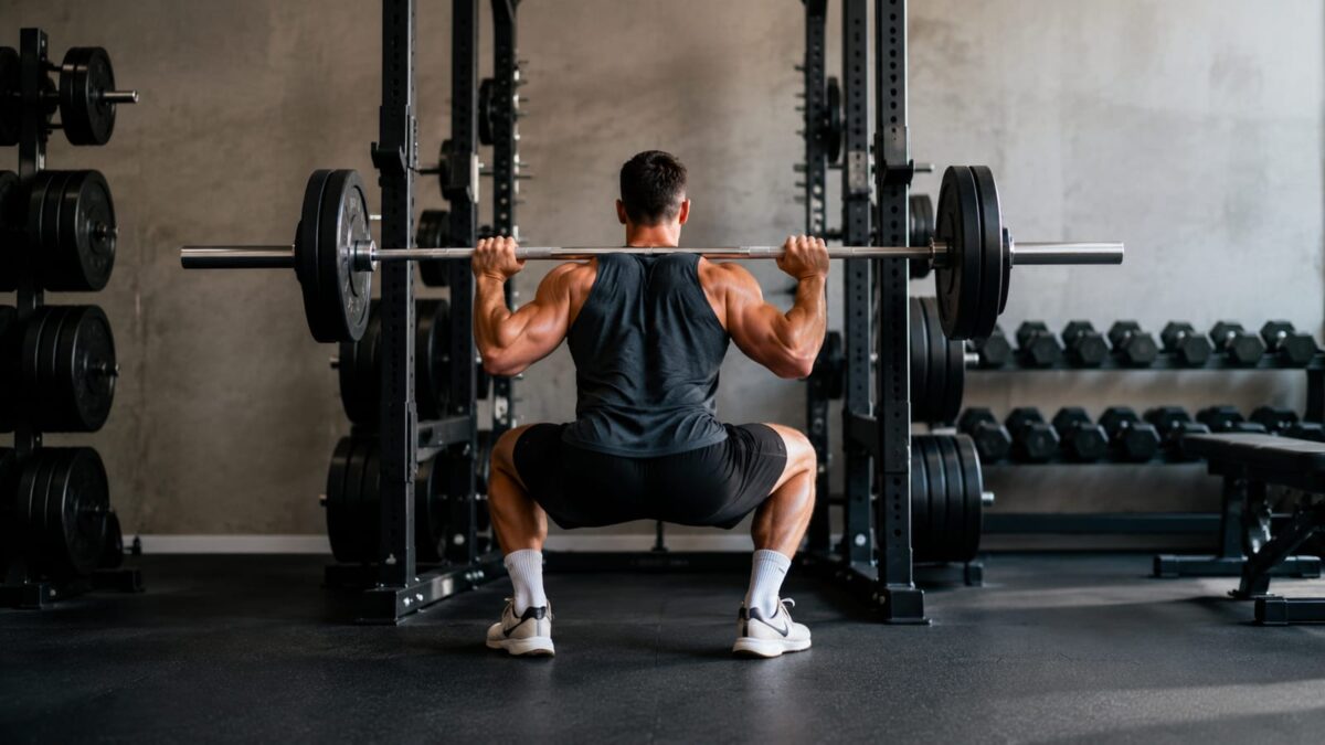 Athlete performing barbell squats in a bright gym while balancing muscle gain and fat loss