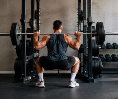 Athlete performing barbell squats in a bright gym while balancing muscle gain and fat loss