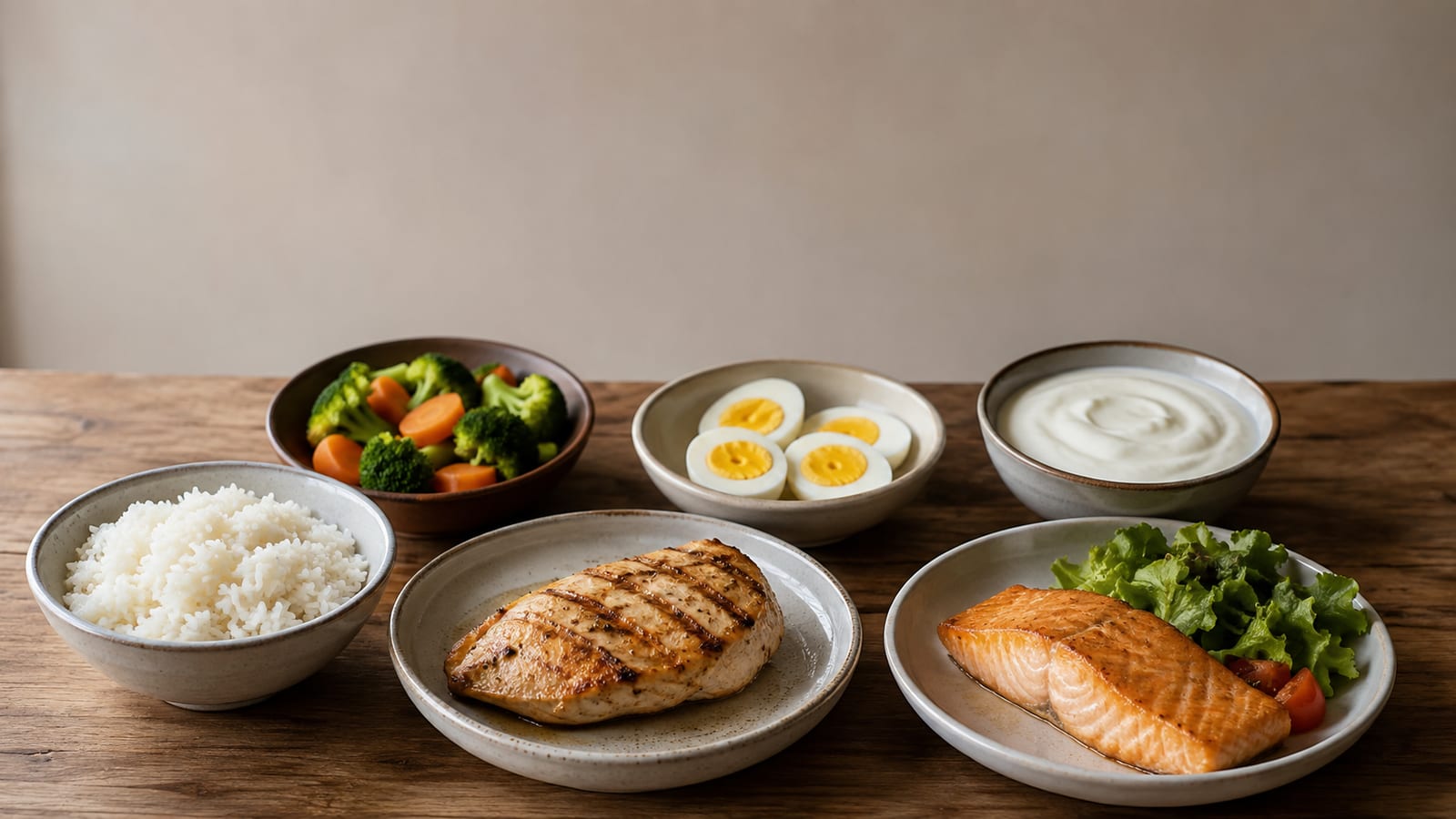 Grilled chicken, rice, vegetables, eggs, and yogurt arranged as balanced high-protein meals