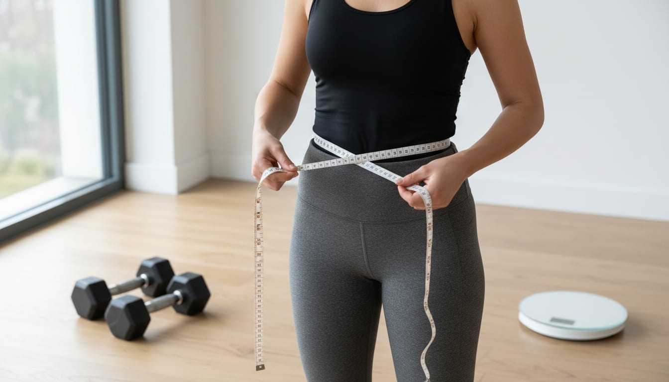 Athlete measuring waist with tape beside dumbbells and a gym scale during progress tracking