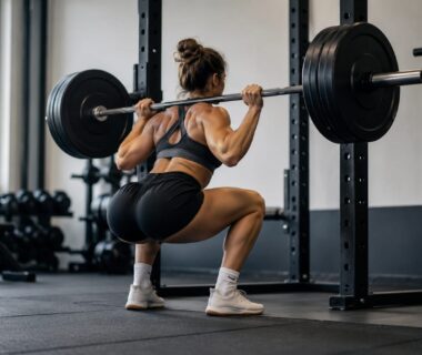 Natural lifter performing barbell squats in a clean gym beside neatly arranged weight plates