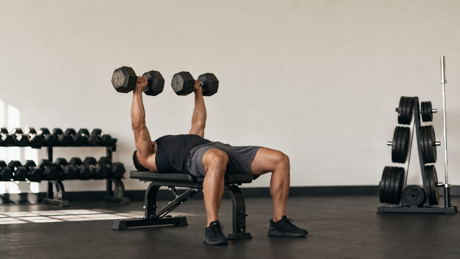 Lifter training progressively with free weights while emphasizing consistent effort over supplements