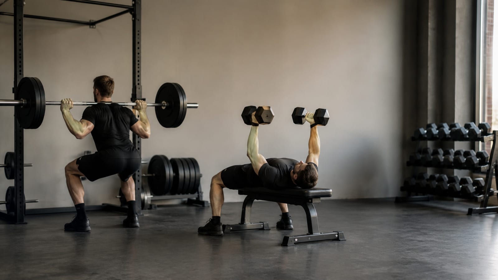 Busy lifter following a straightforward full-body workout with barbell, bench, and dumbbells
