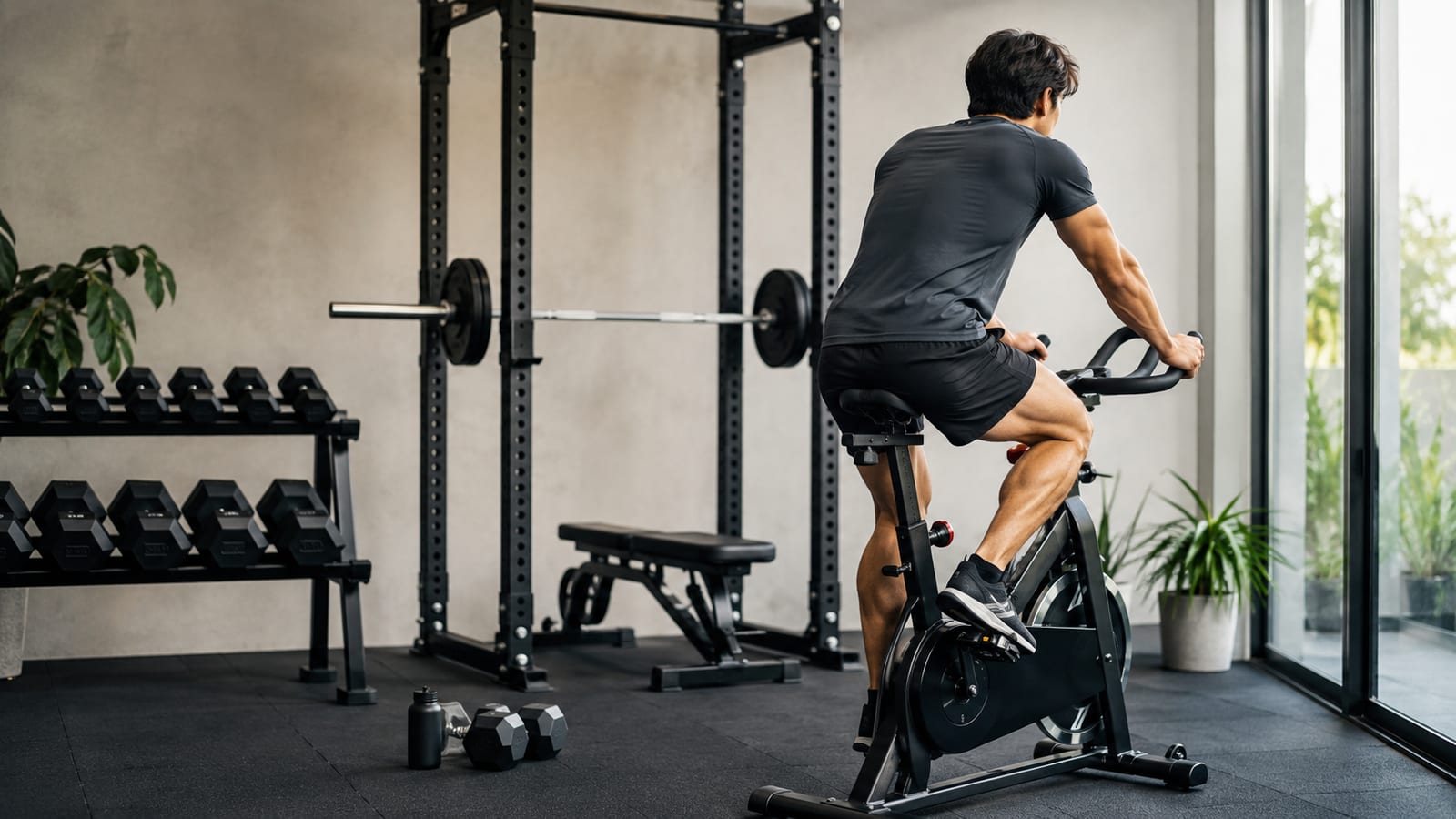 Strength trainee combining stationary cycling with resistance training for balanced fitness progress
