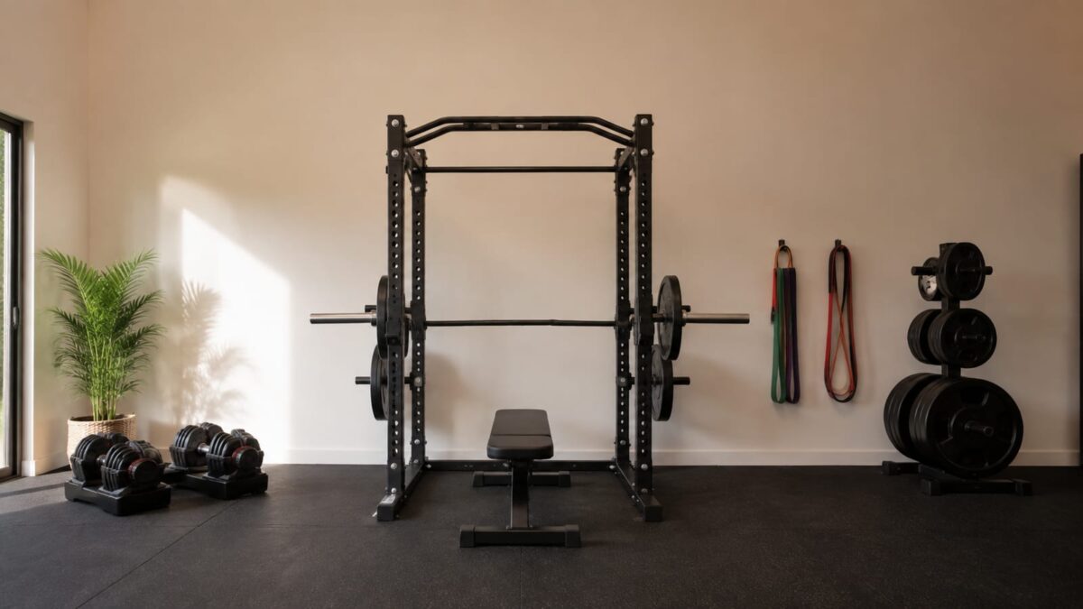 Compact home gym with power rack, adjustable dumbbells, bench, and resistance bands