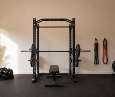 Compact home gym with power rack, adjustable dumbbells, bench, and resistance bands