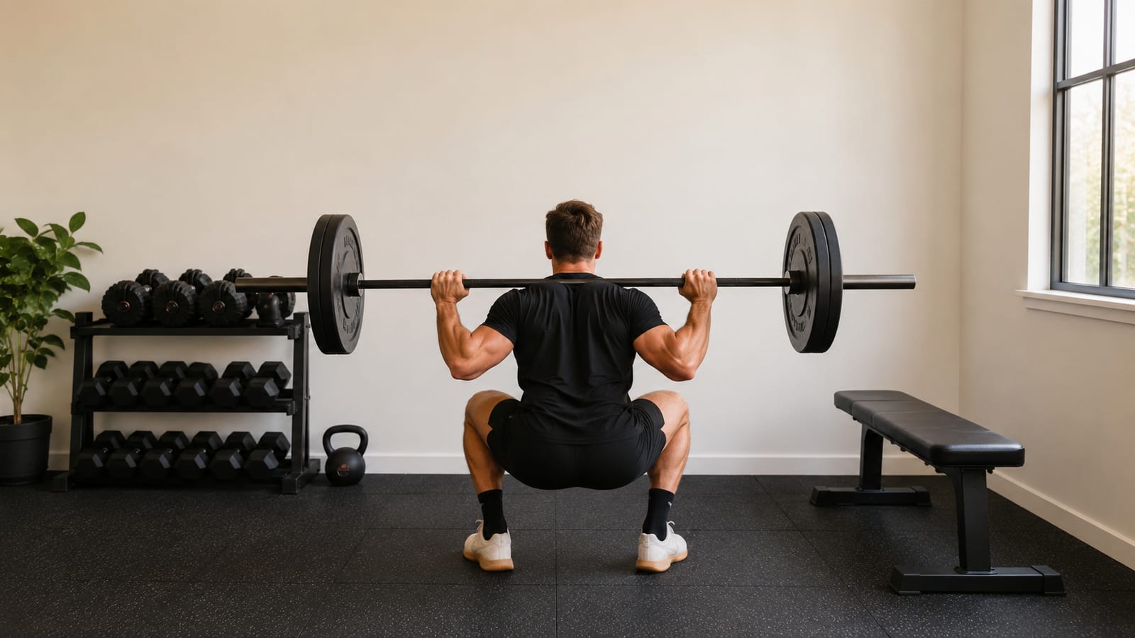 Natural lifter performing barbell squats beside organized adjustable weights and flat bench