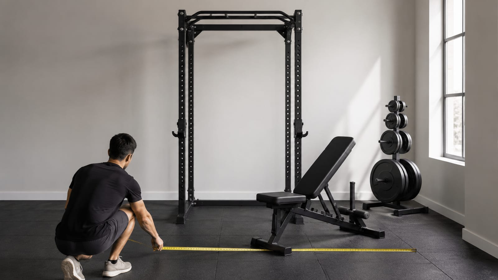 Home gym owner measuring clear floor space beside a power rack and weight plates
