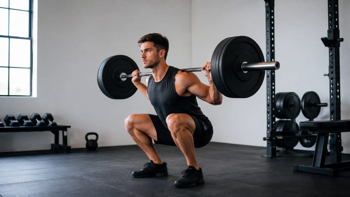 Athlete performing controlled barbell squat in a bright strength gym, plates and rack visible