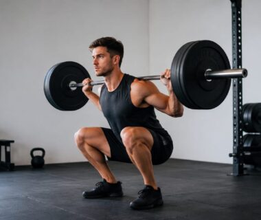 Athlete performing controlled barbell squat in a bright strength gym, plates and rack visible