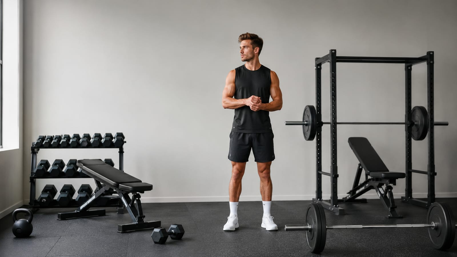 Strength athlete alternating barbell and dumbbell exercises during a structured gym training session