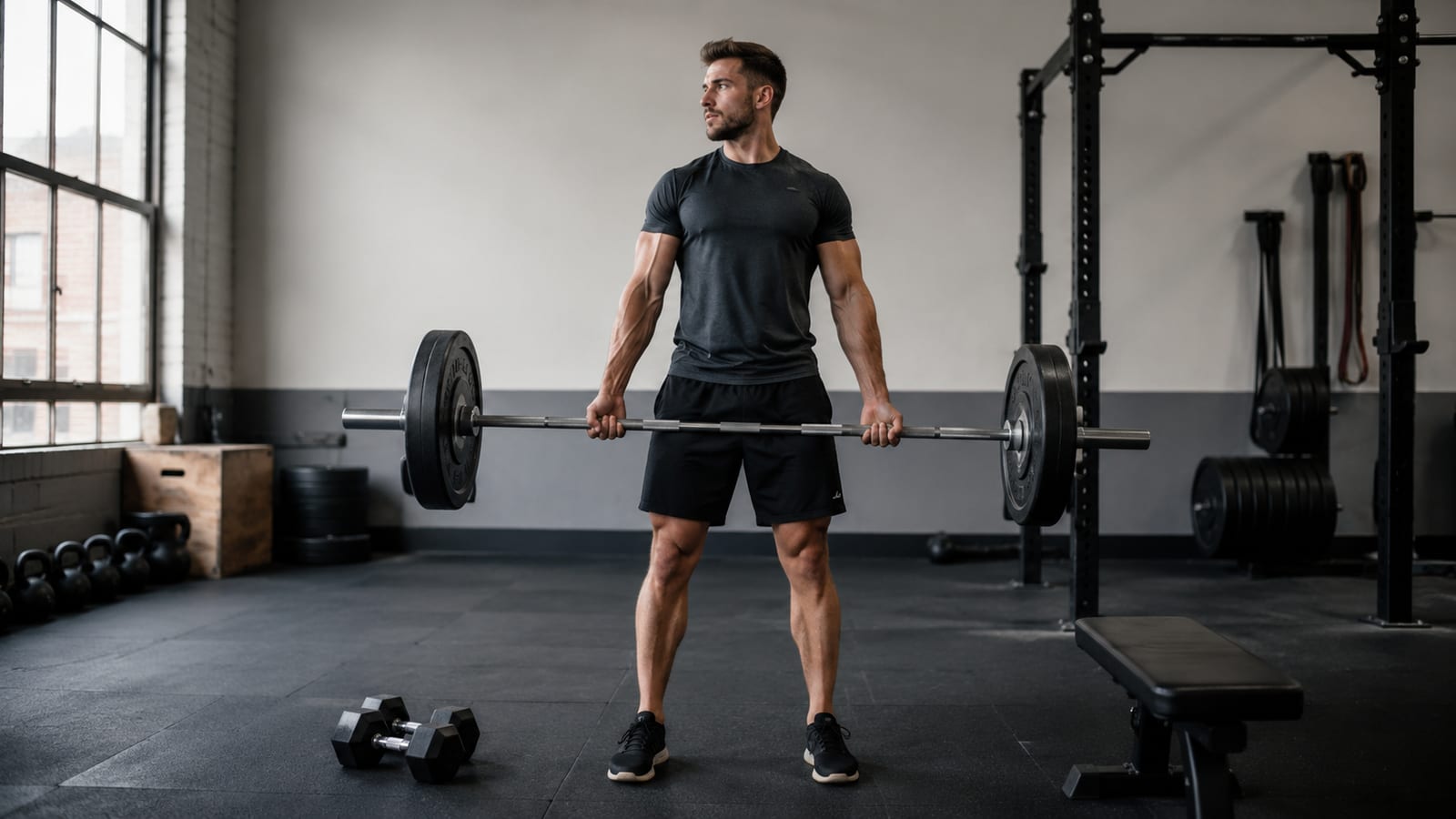 Natural lifter completing focused full-body workout with barbell, dumbbells, and resistance equipment