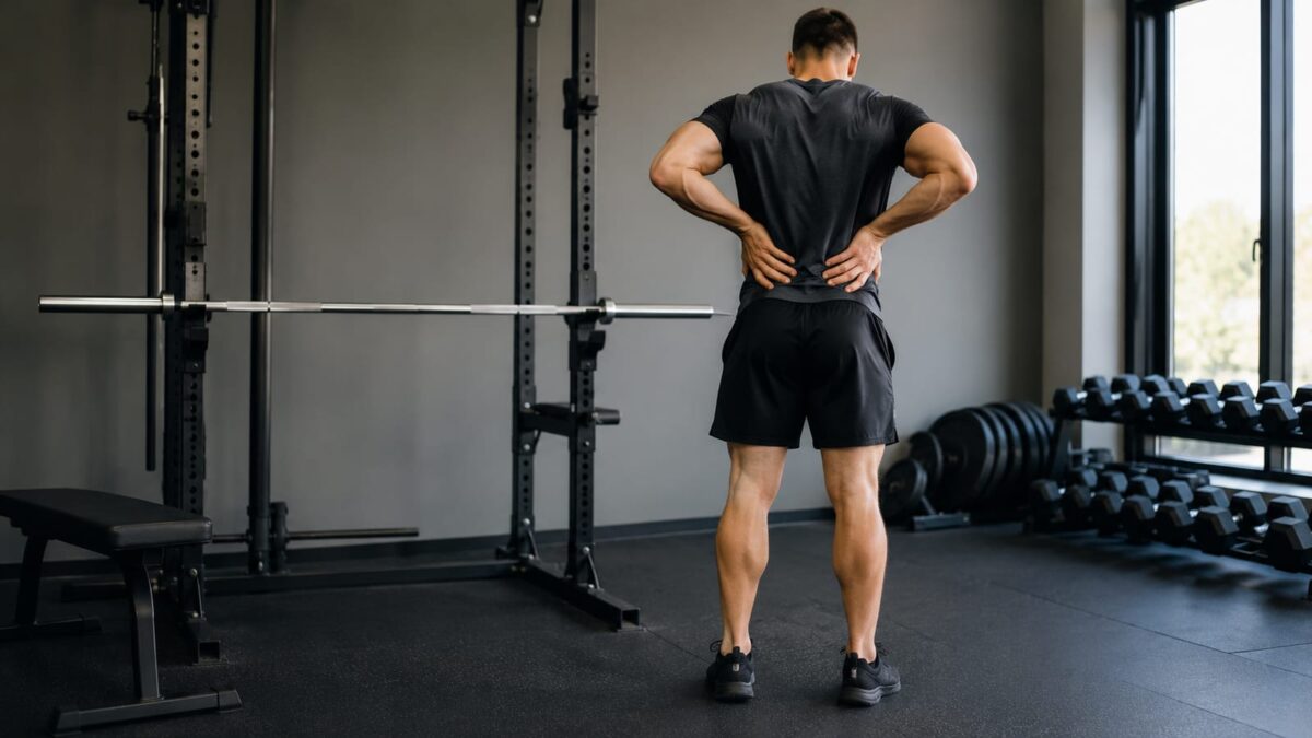 Strength athlete cautiously bracing lower back beside a squat rack during injury assessment