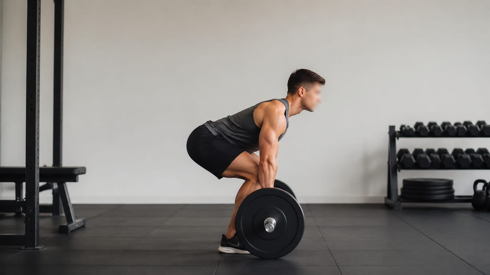 Weightlifter demonstrating controlled deadlift technique with light barbell in bright training gym