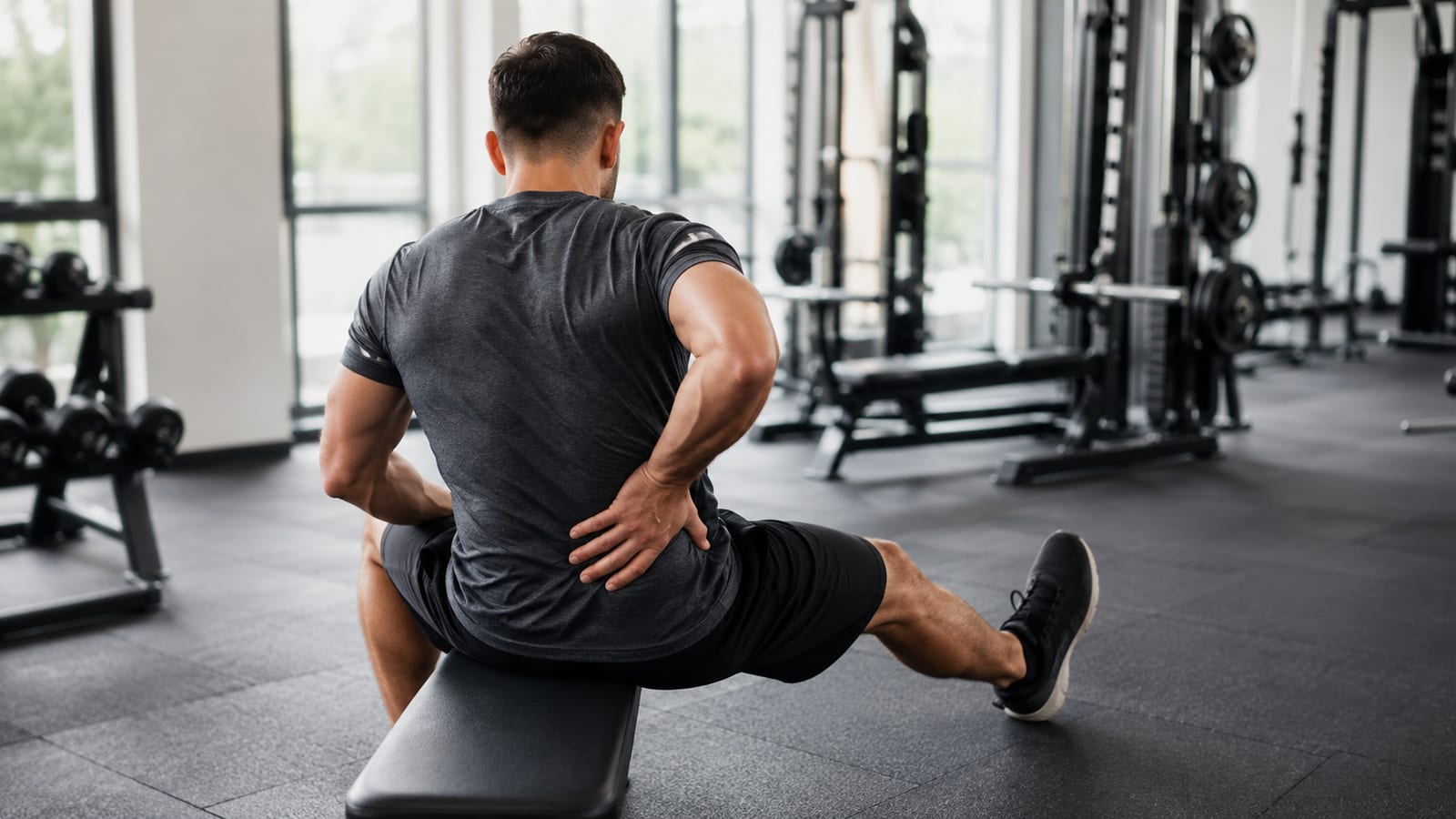 Athlete seated on gym bench supporting lower back while one leg extends cautiously