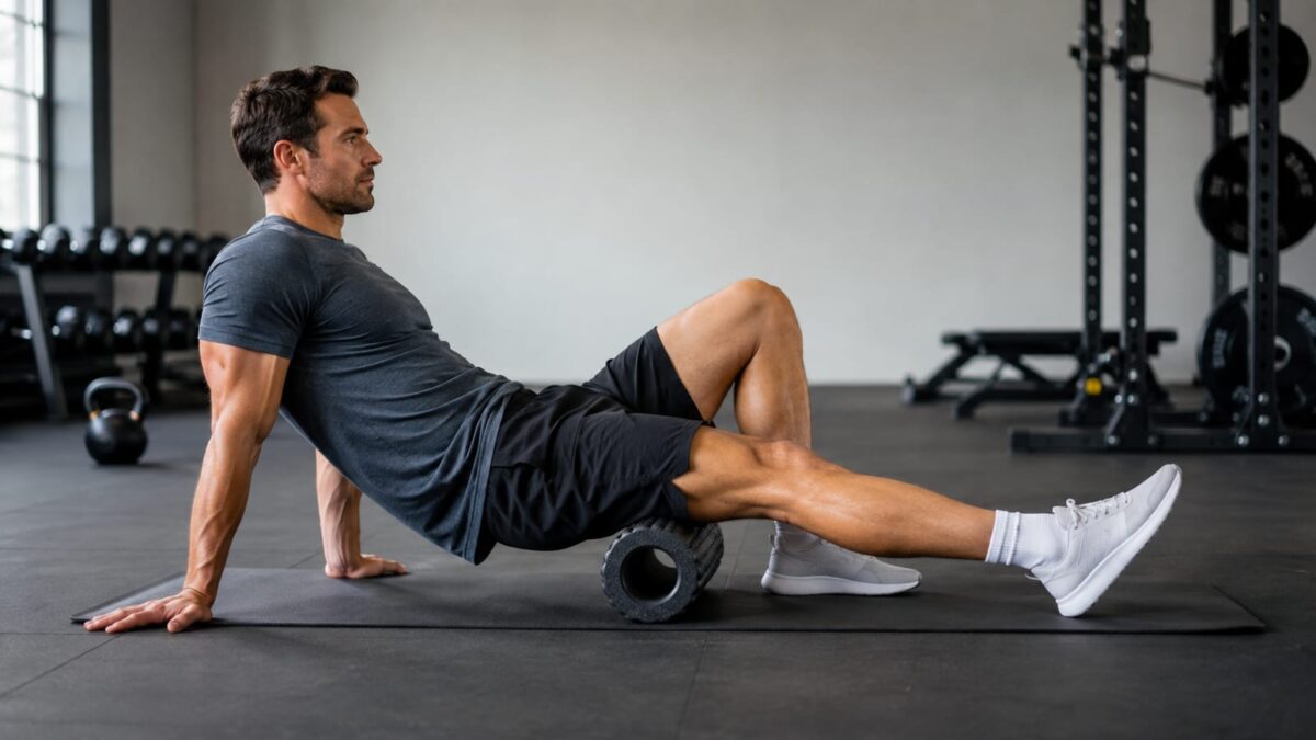 Athlete foam rolling quadriceps on a gym mat beside strength training equipment