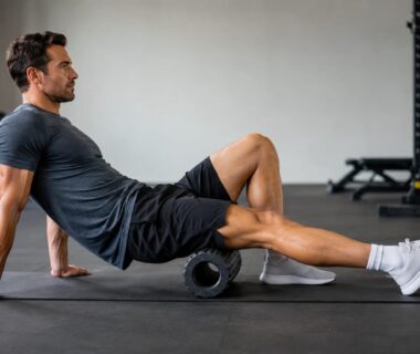 Athlete foam rolling quadriceps on a gym mat beside strength training equipment