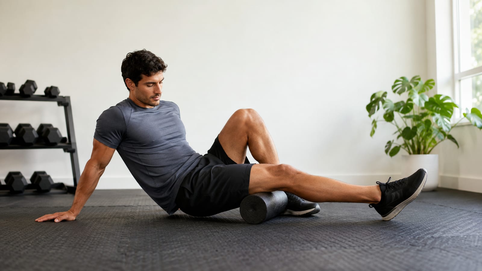 Athlete foam rolling hamstrings before mobility work in a bright home gym