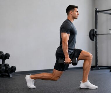 Athlete performing controlled unilateral split squat with dumbbells in a bright strength training gym