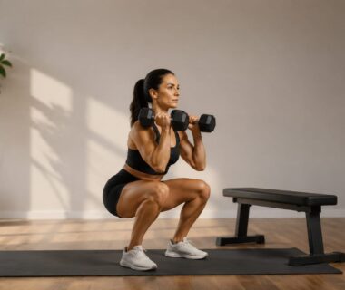 Athlete performing dumbbell squats in a compact home workout space with minimal equipment
