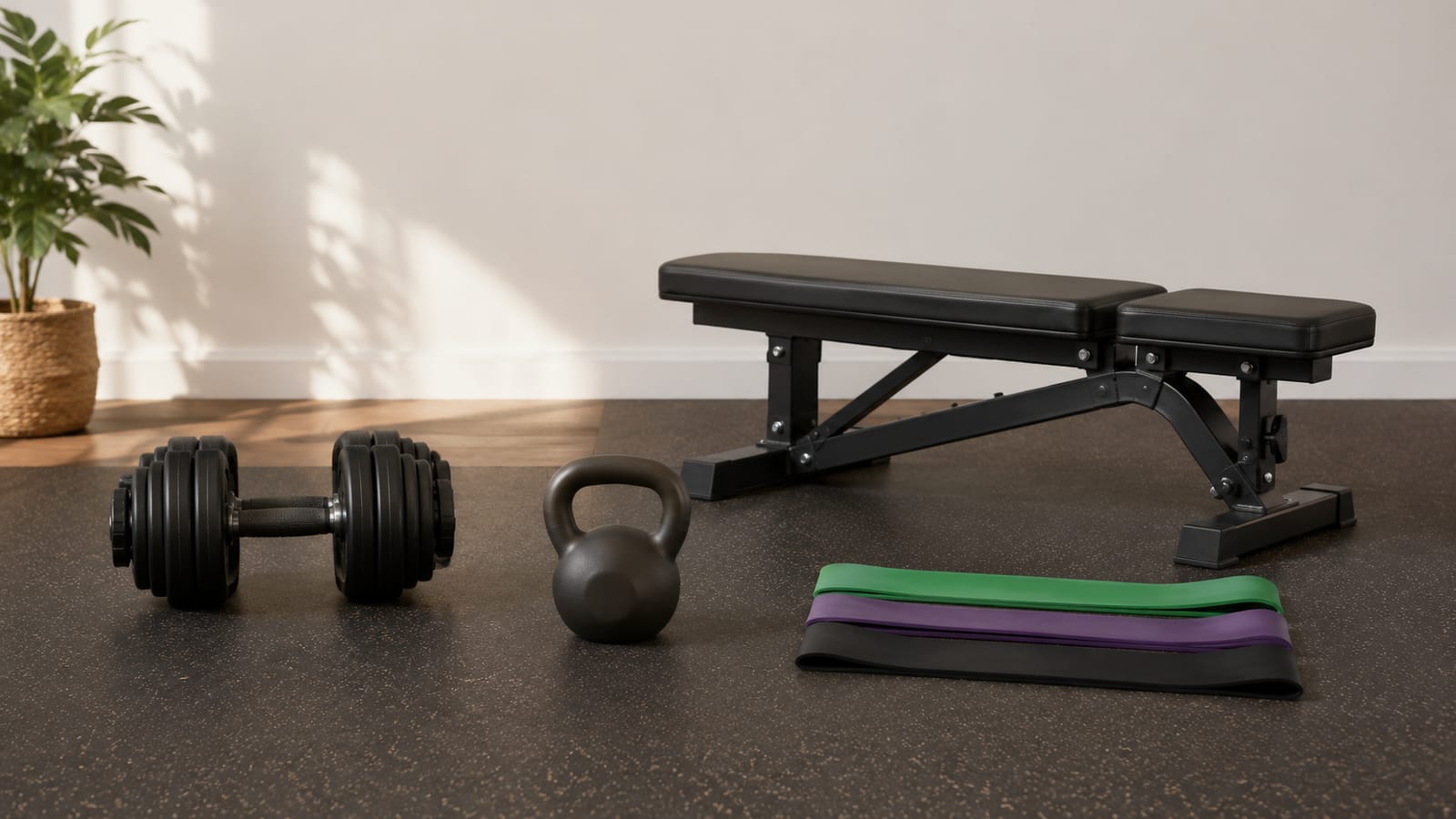 Compact home gym setup with dumbbells, resistance bands, kettlebell, and sturdy exercise bench