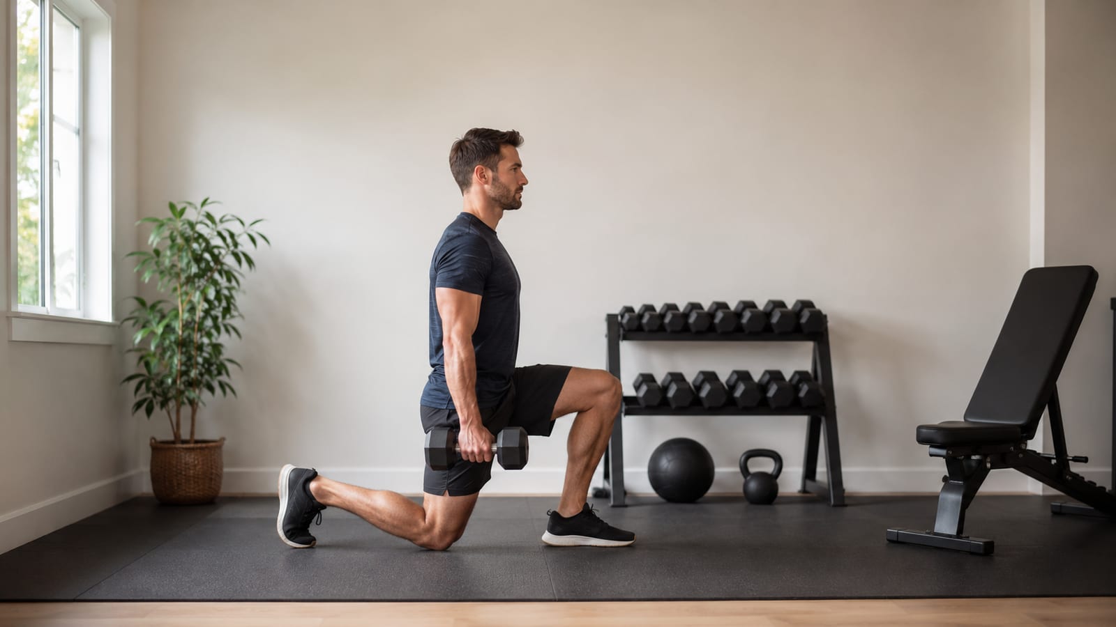 Athlete performing controlled split squats with dumbbells during an efficient home workout