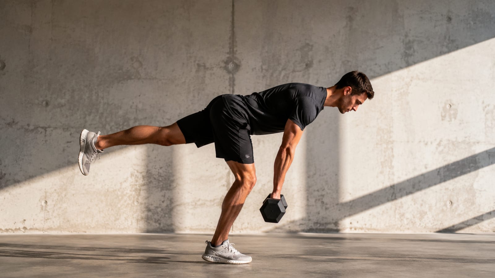 Athlete increasing dumbbell training challenge through controlled single-leg Romanian deadlifts