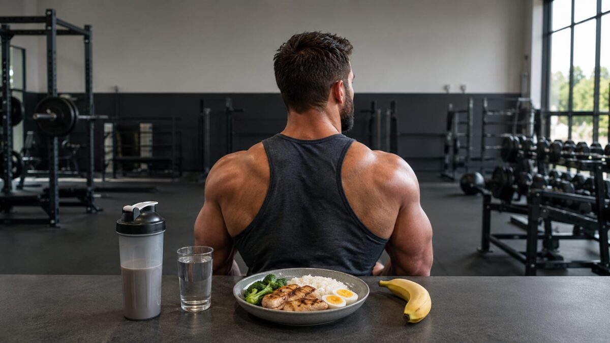 Strength athlete recovering beside gym equipment with an unbranded shaker, water, and protein-rich meal