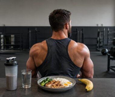 Strength athlete recovering beside gym equipment with an unbranded shaker, water, and protein-rich meal