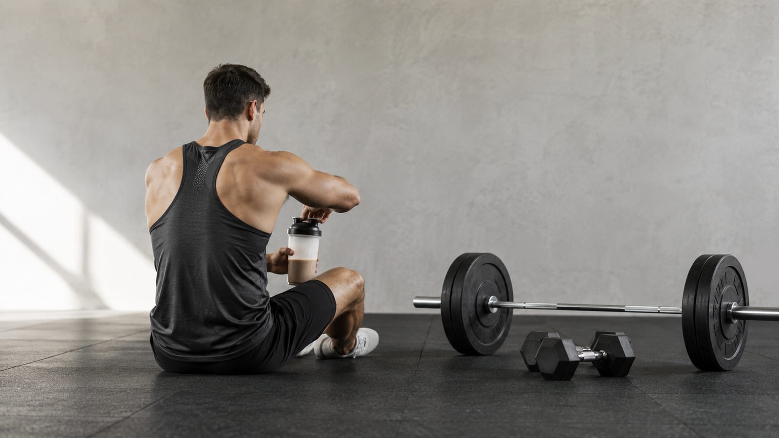 Athlete mixing an unbranded recovery drink beside weights immediately after strength training