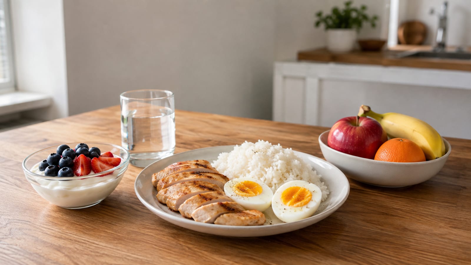 Protein-rich recovery meal with rice, eggs, fruit, yogurt, and water after a demanding workout