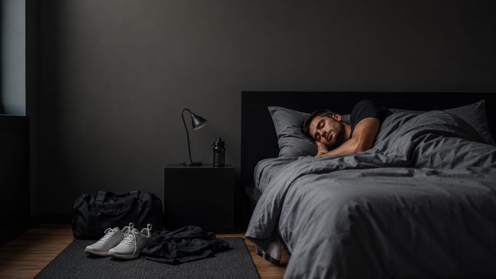 Tired strength athlete sleeping in a dark bedroom after consistent training and recovery habits