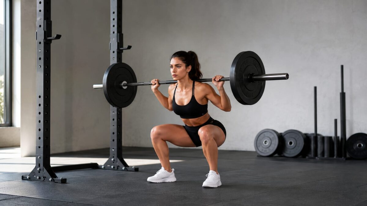 Woman performing a controlled barbell squat in a bright strength training gym