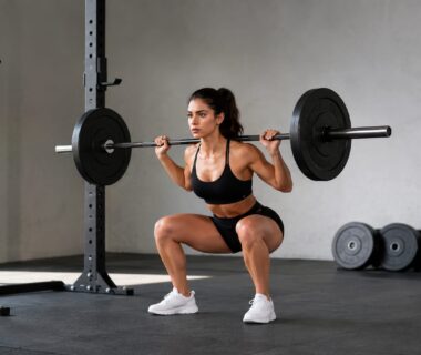 Woman performing a controlled barbell squat in a bright strength training gym