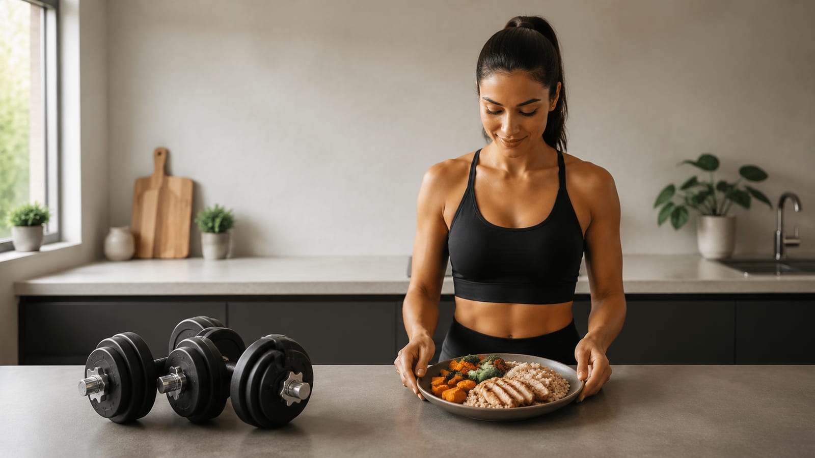Woman preparing a balanced high-protein meal beside simple strength training equipment