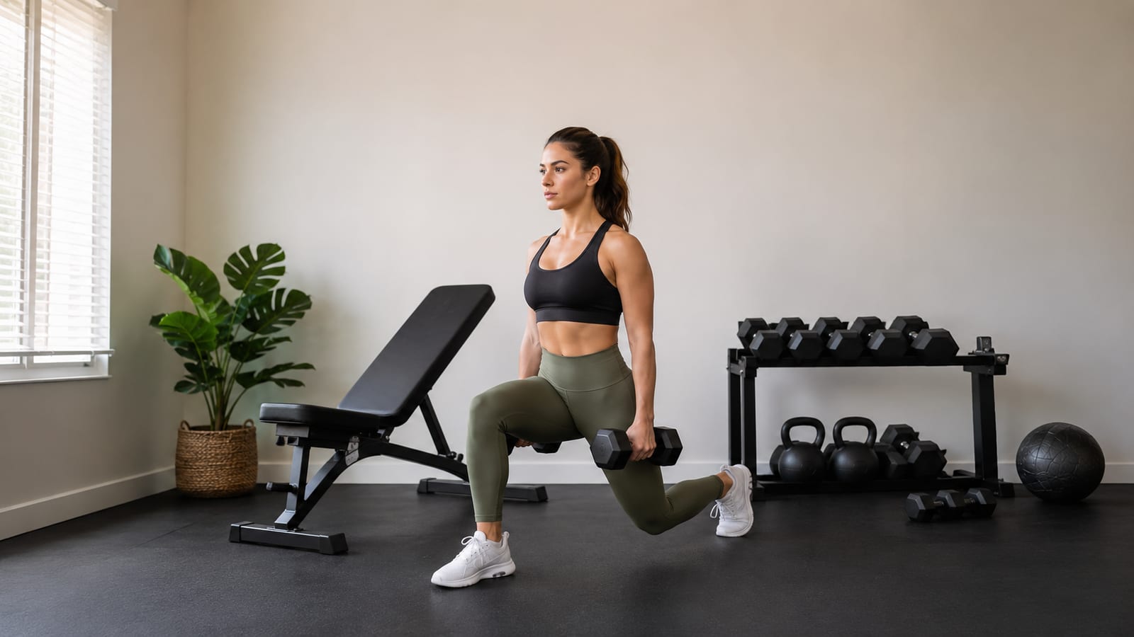Woman completing an efficient full-body dumbbell workout with a bench and free weights