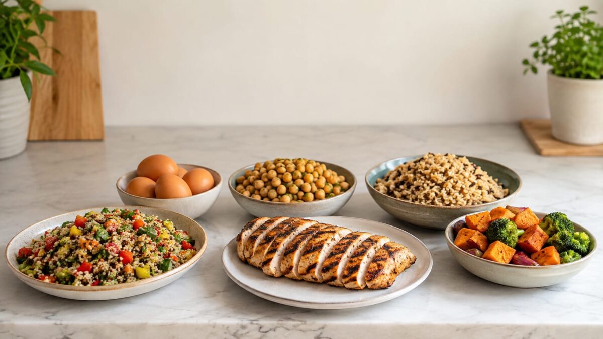 Colorful seasonal fruits and vegetables arranged beside protein-rich meal prep containers