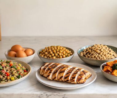 Colorful seasonal fruits and vegetables arranged beside protein-rich meal prep containers